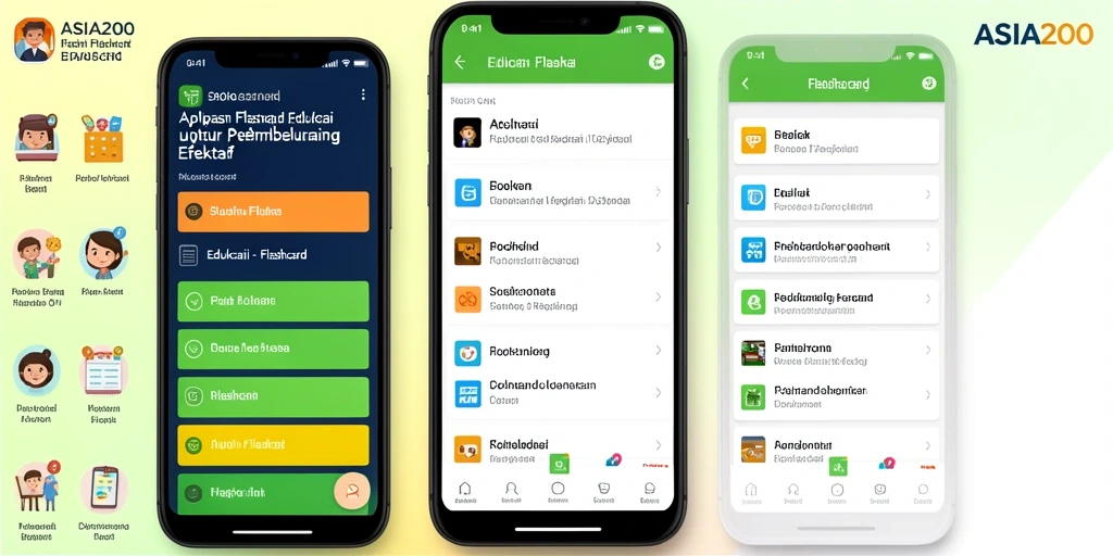 Screenshot antarmuka aplikasi ASIA200 menunjukkan fitur flashcard yang menarik.