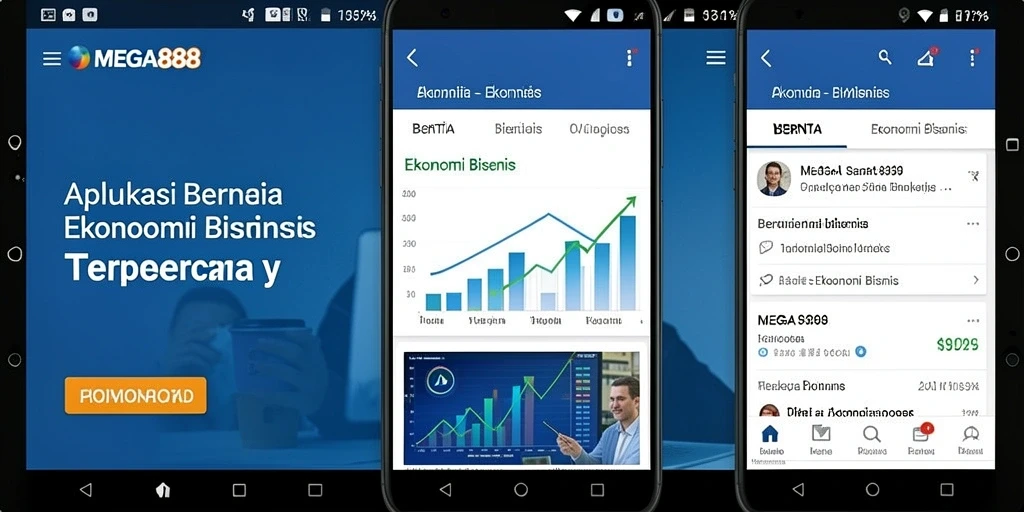 Screenshot MEGA888 menampilkan antarmuka aplikasi ekonomi bisnis yang modern.